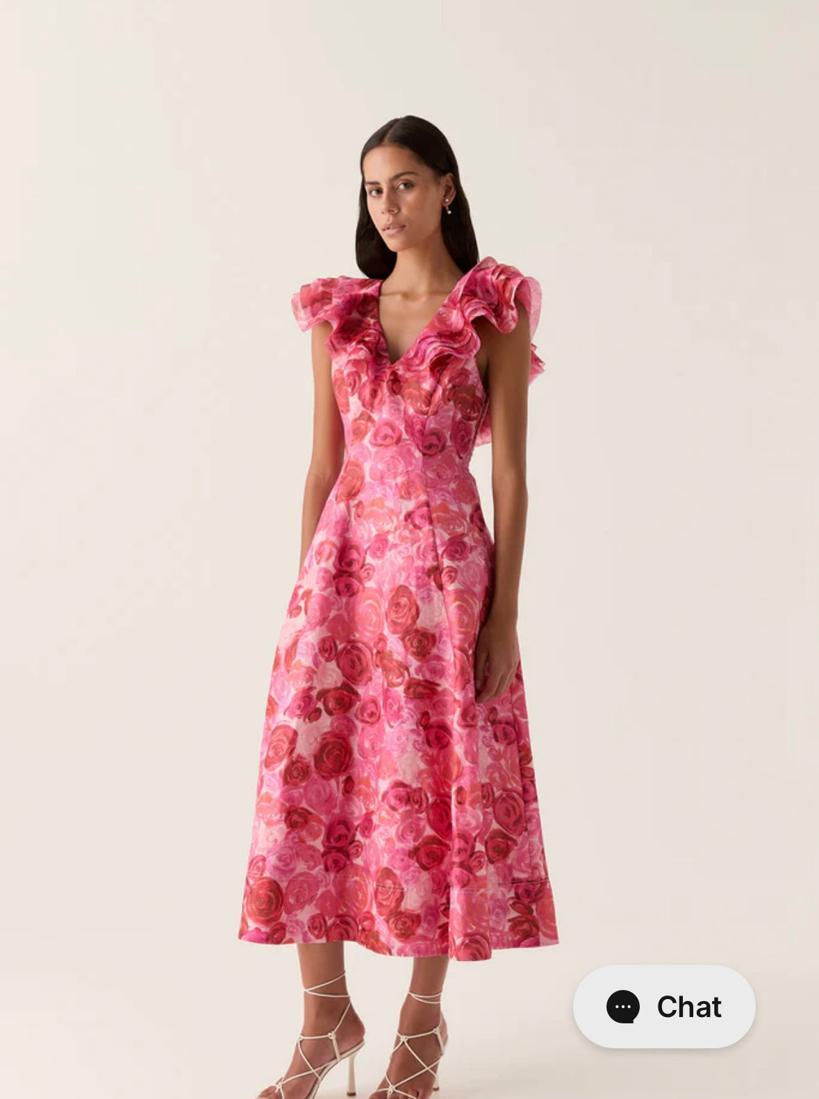 AJE Pink Rose Print Ruffle Sleeve Midi Dress