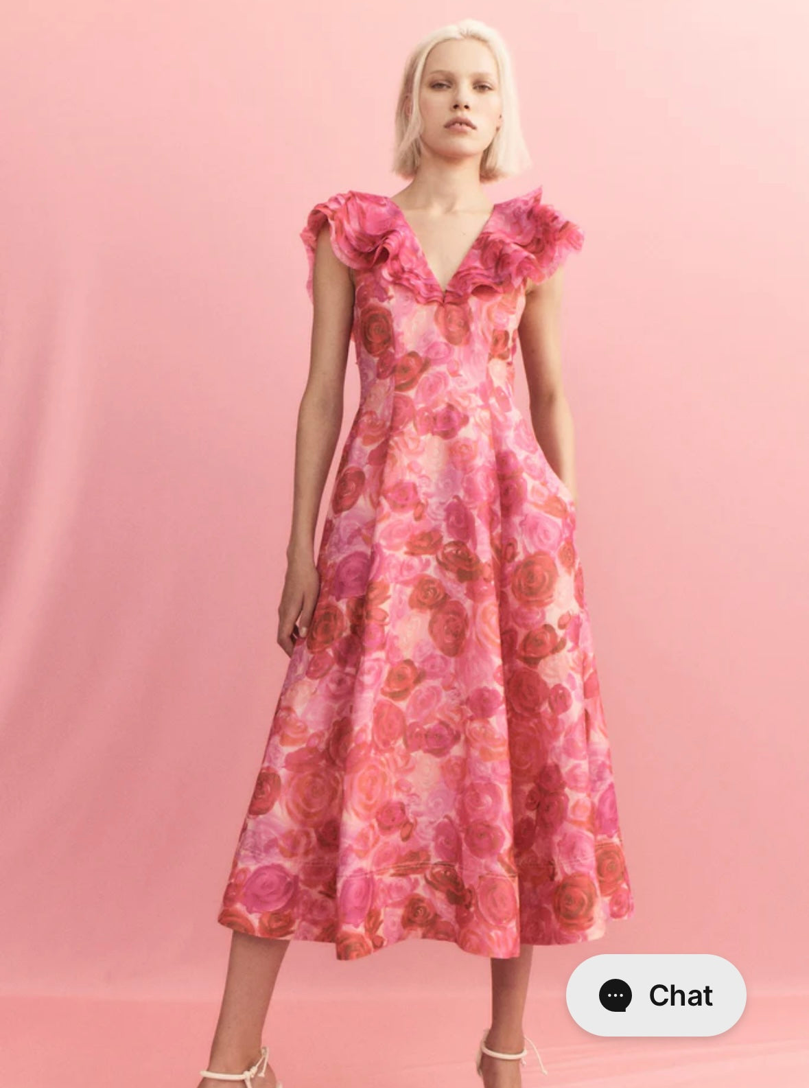 AJE Pink Rose Print Ruffle Sleeve Midi Dress
