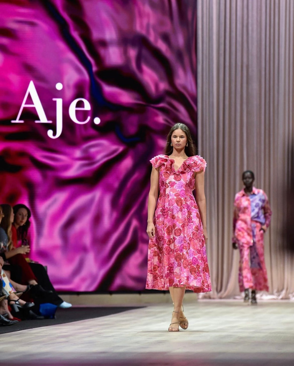 AJE Pink Rose Print Ruffle Sleeve Midi Dress