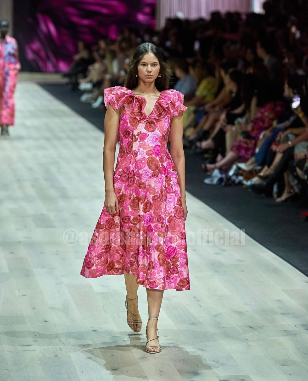 AJE Pink Rose Print Ruffle Sleeve Midi Dress