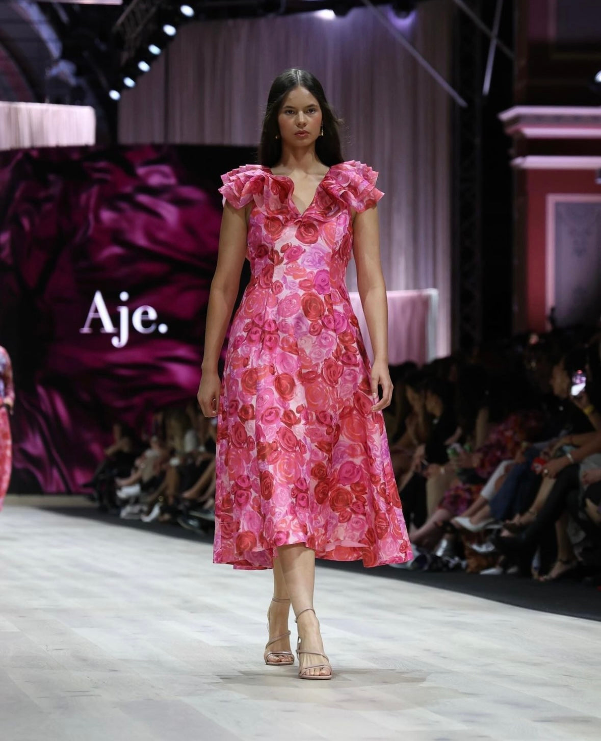 AJE Pink Rose Print Ruffle Sleeve Midi Dress