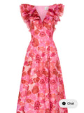 AJE Pink Rose Print Ruffle Sleeve Midi Dress