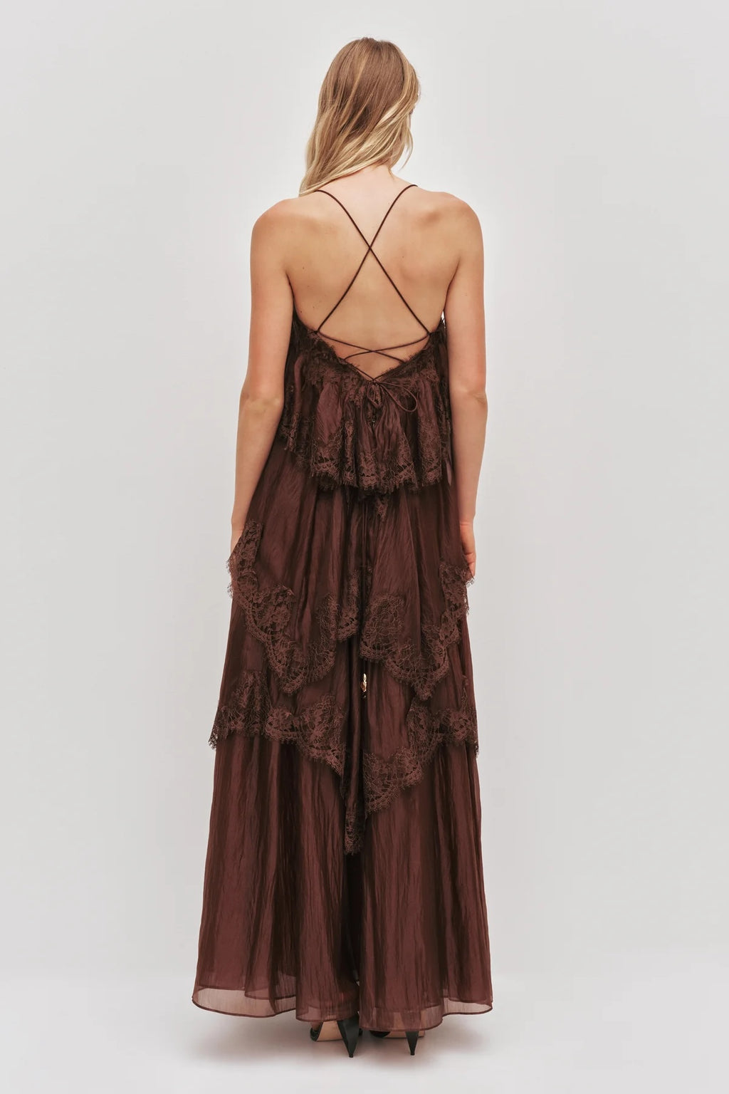 AJE White Blush Tiered Lace Spaghetti Strap Maxi Dress