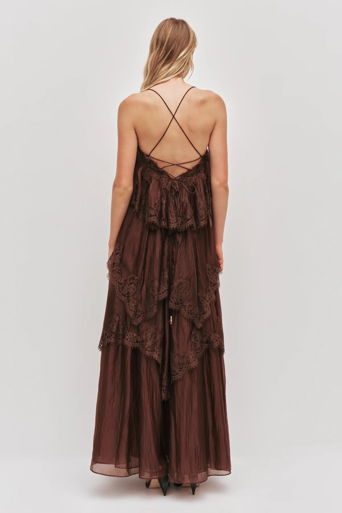 AJE White Blush Tiered Lace Spaghetti Strap Maxi Dress
