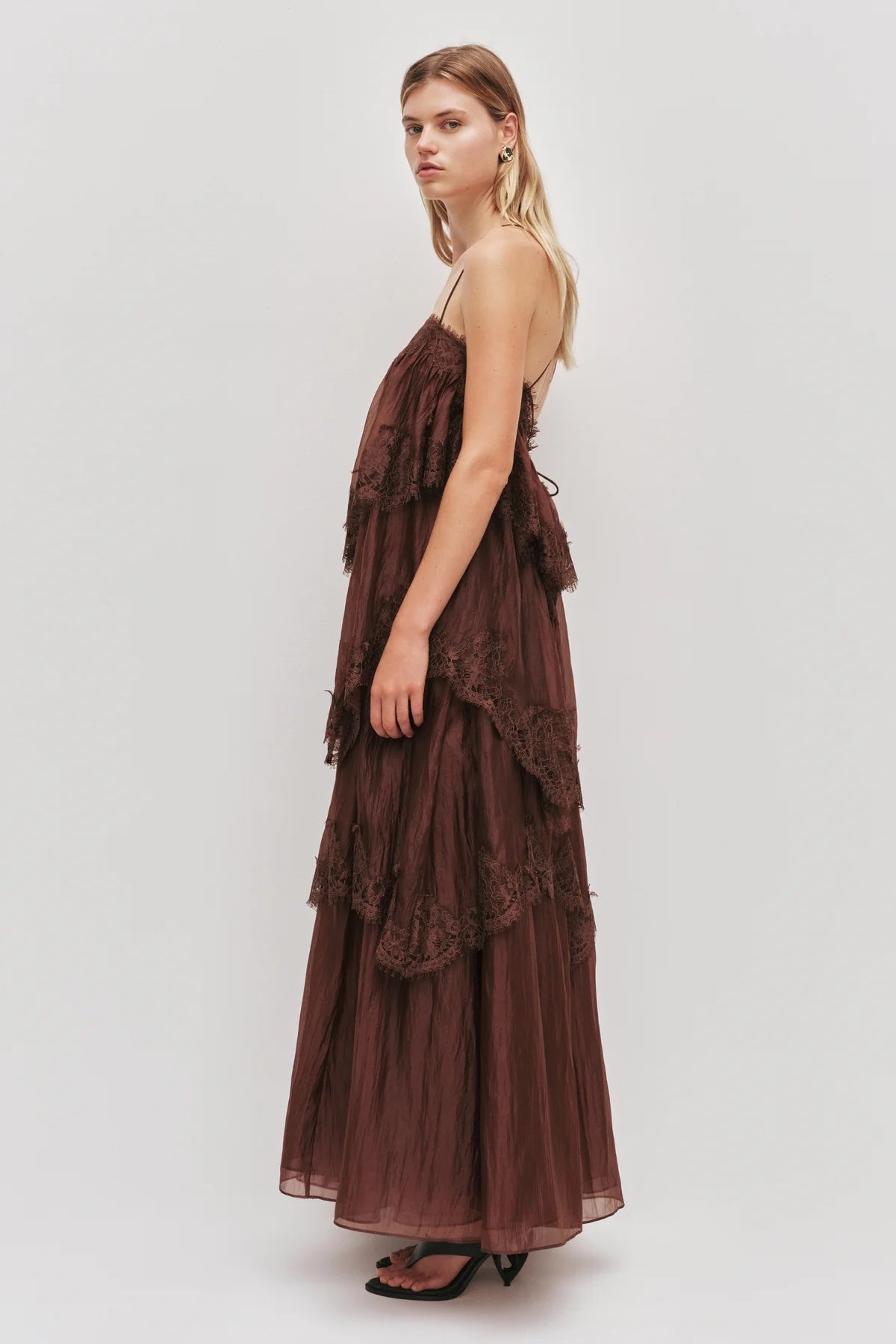 AJE White Blush Tiered Lace Spaghetti Strap Maxi Dress
