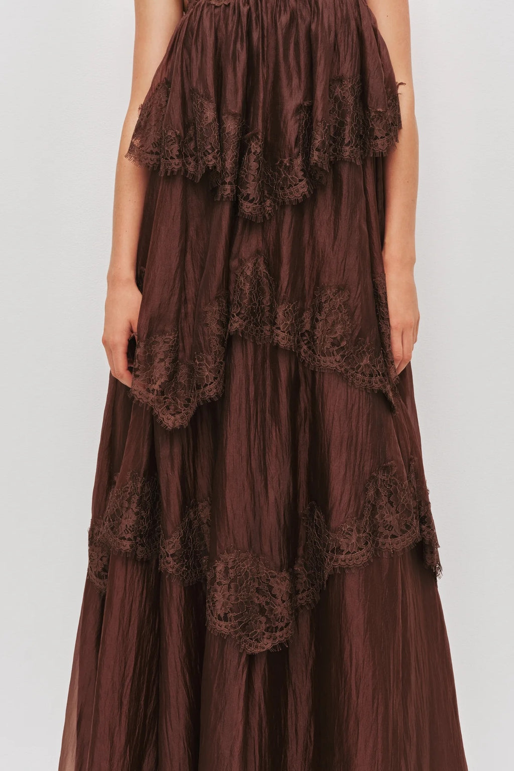 AJE White Blush Tiered Lace Spaghetti Strap Maxi Dress