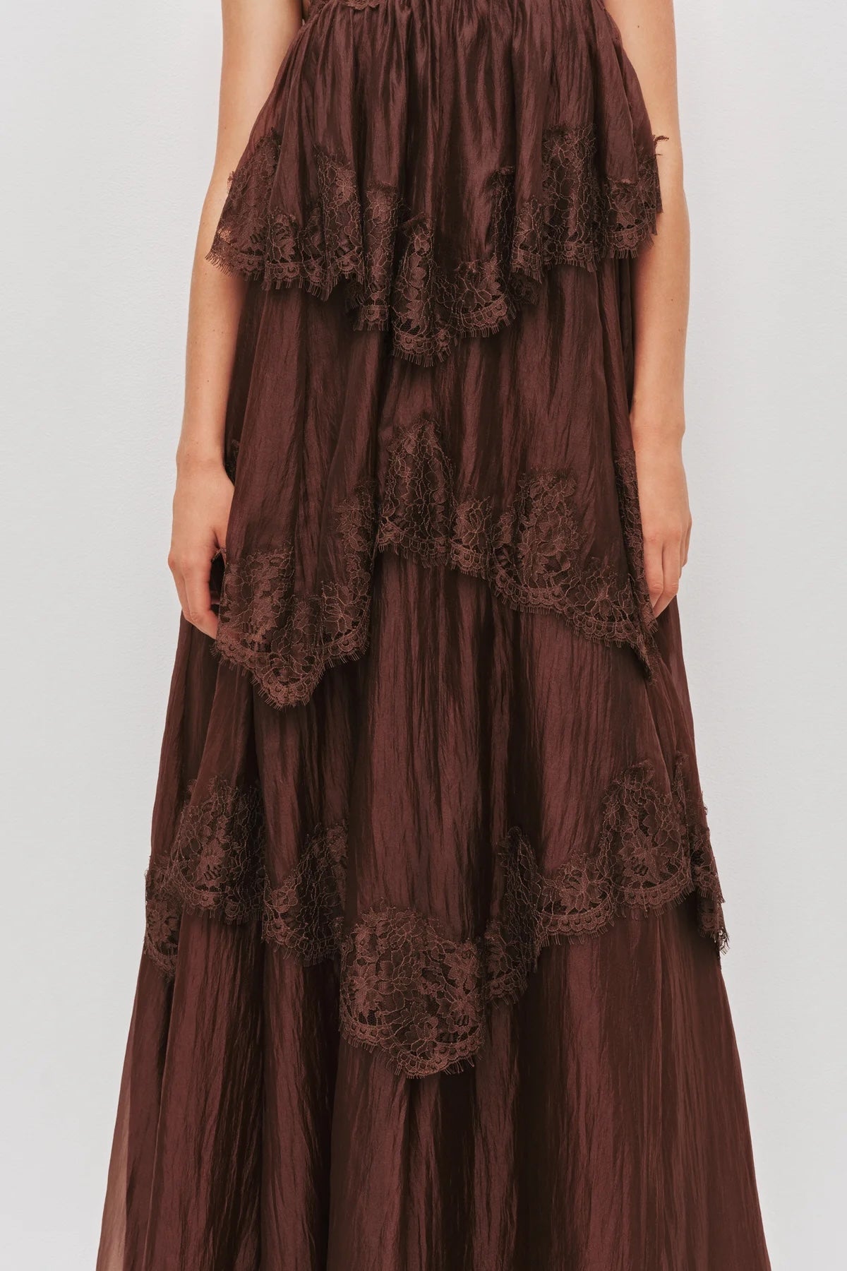 AJE White Blush Tiered Lace Spaghetti Strap Maxi Dress