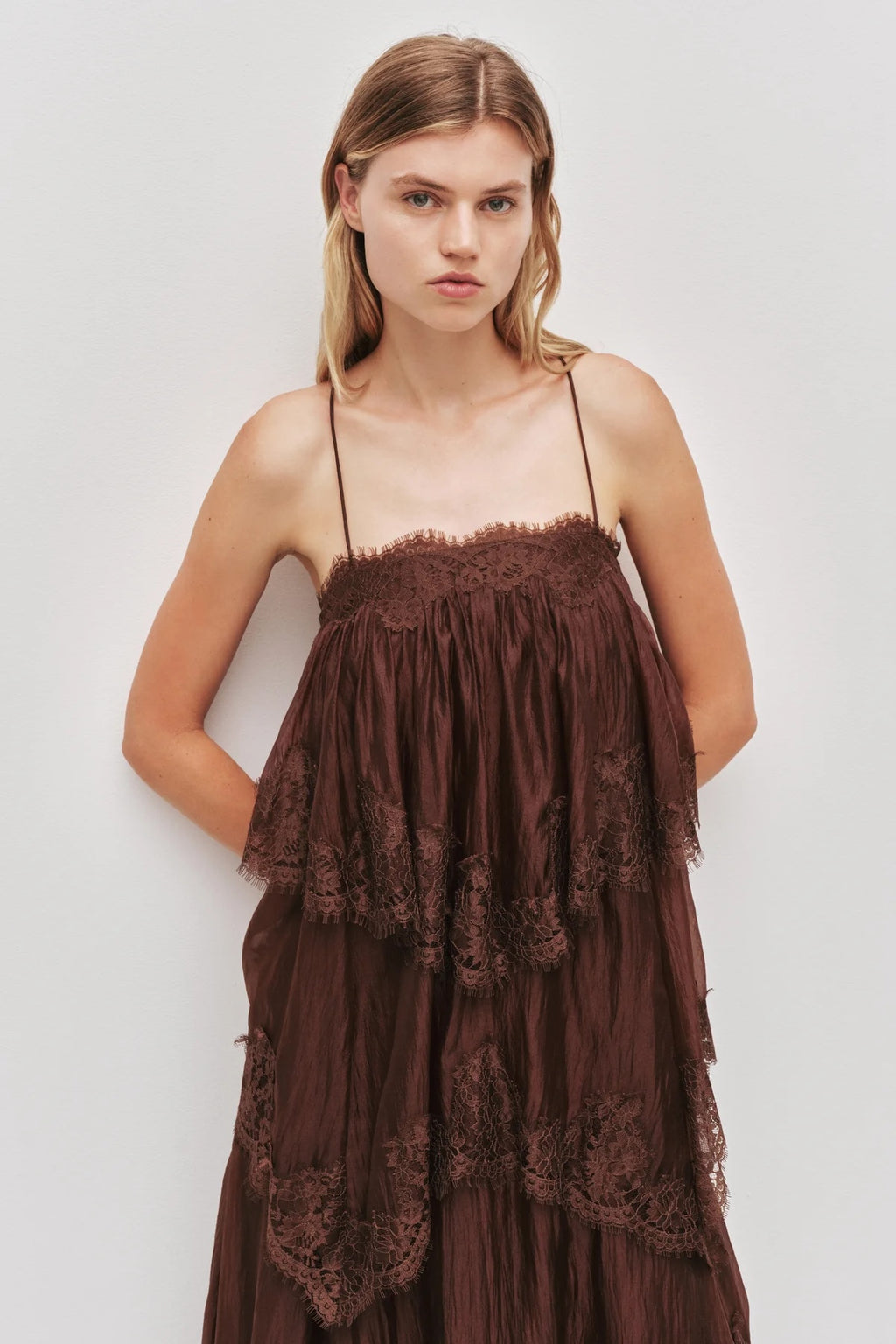 AJE White Blush Tiered Lace Spaghetti Strap Maxi Dress