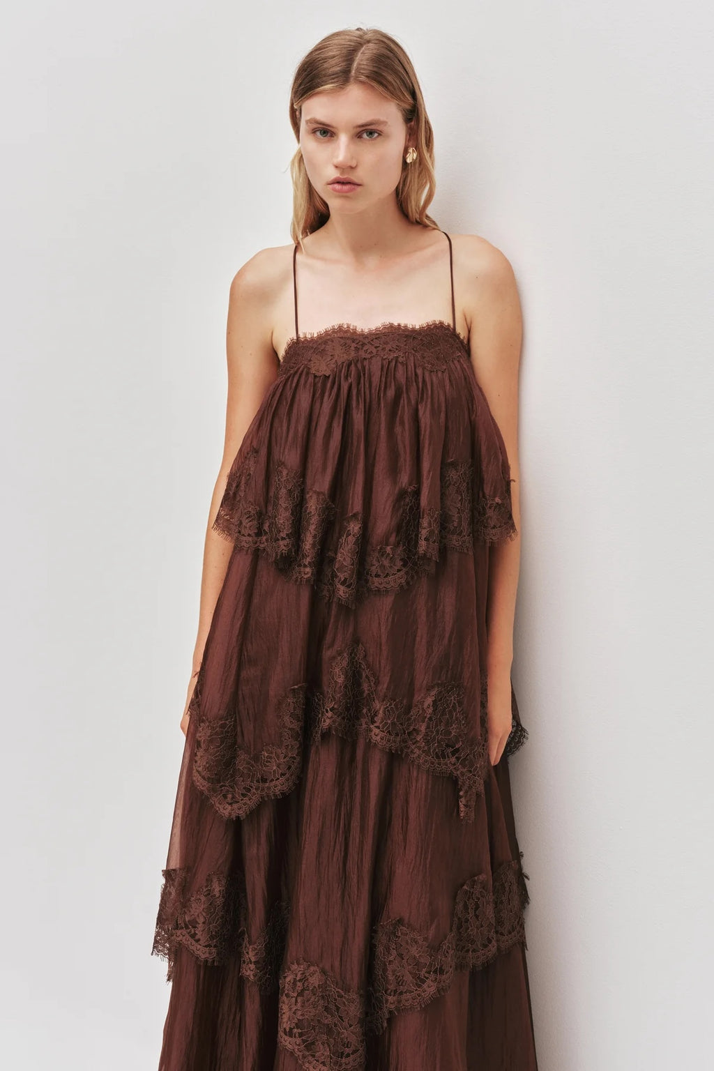 AJE White Blush Tiered Lace Spaghetti Strap Maxi Dress
