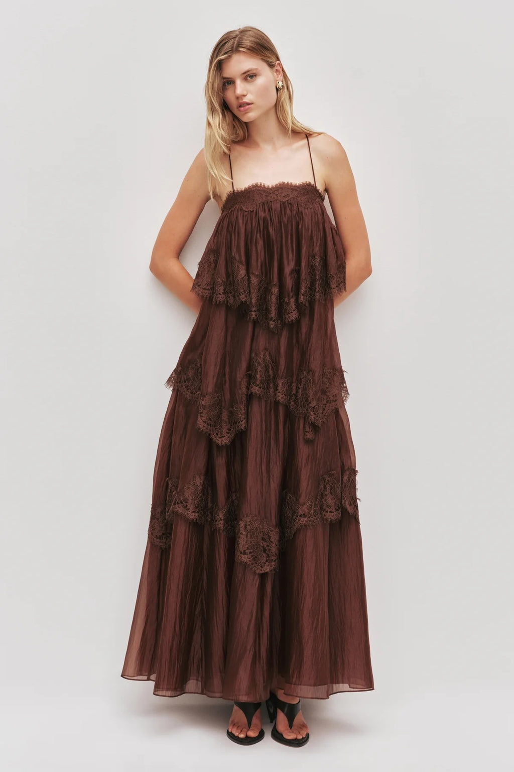 AJE White Blush Tiered Lace Spaghetti Strap Maxi Dress