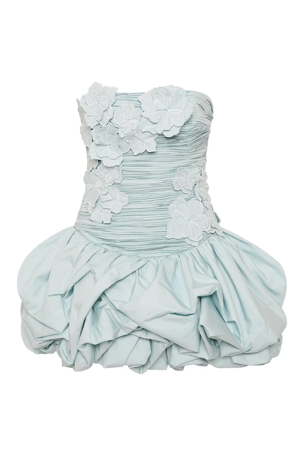 AJE Light Blue Ruched Strapless Bubble Hem Mini Dres
