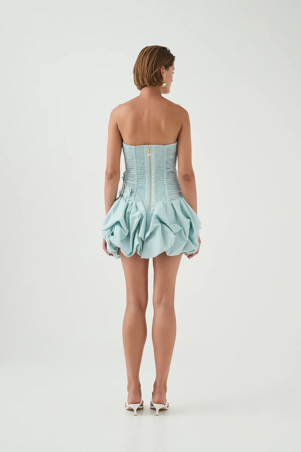 AJE Light Blue Ruched Strapless Bubble Hem Mini Dres