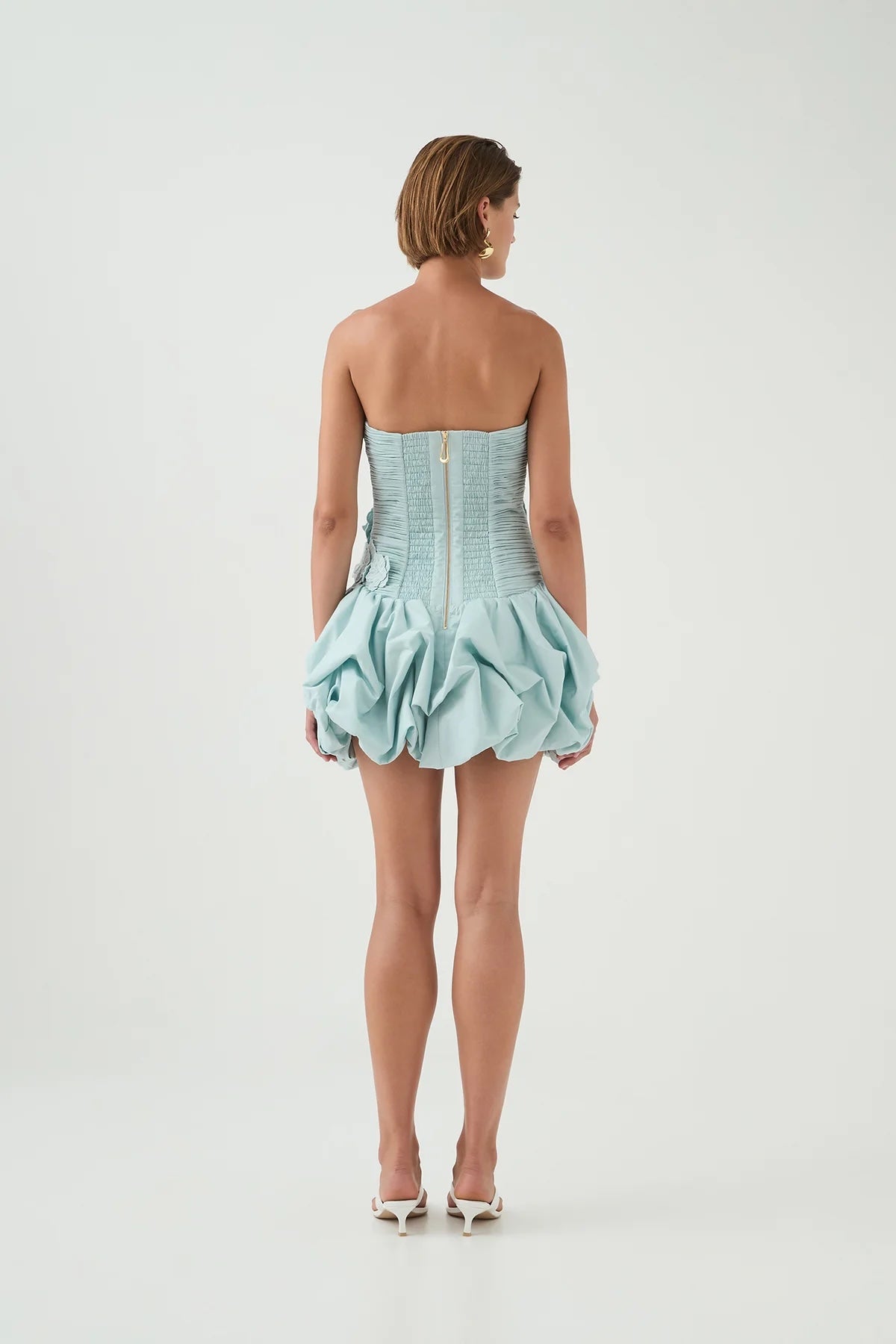 AJE Light Blue Ruched Strapless Bubble Hem Mini Dres