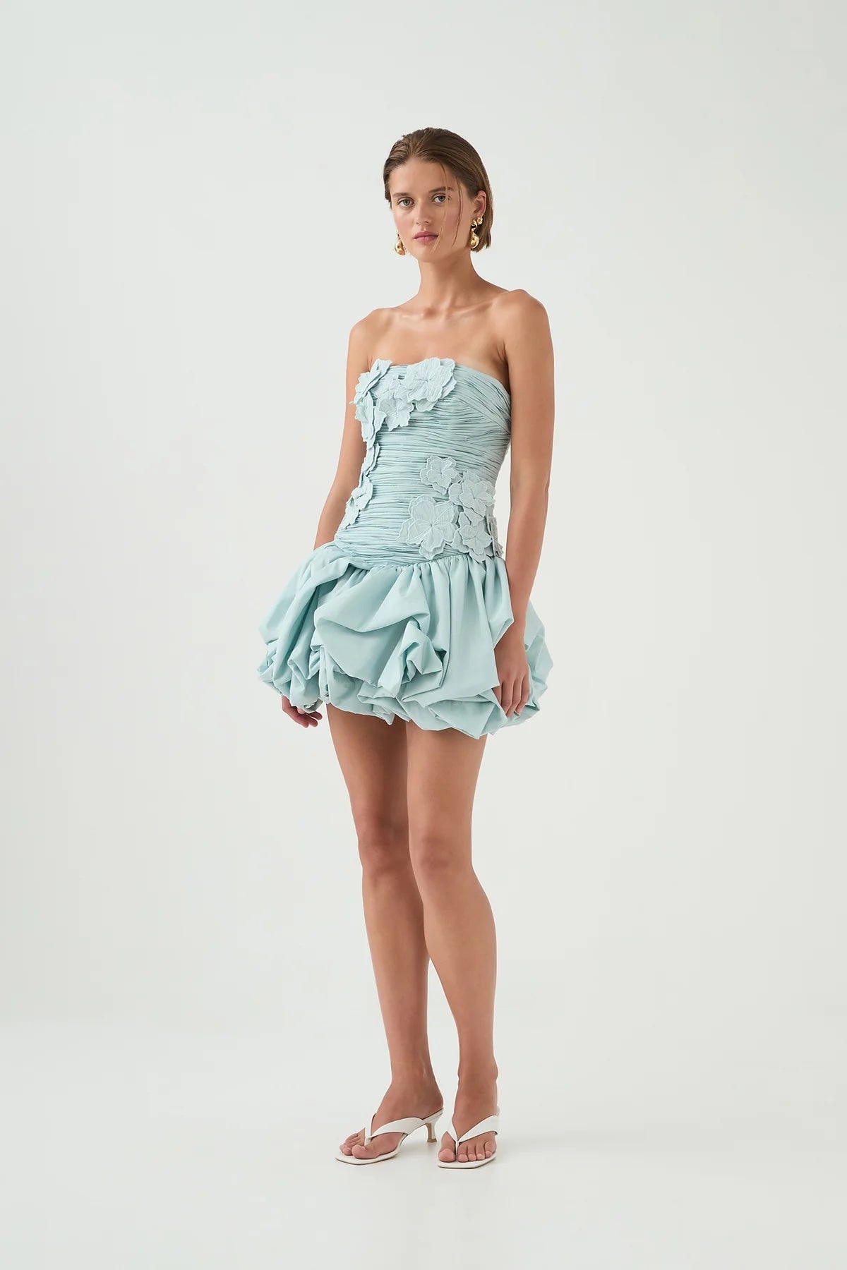 AJE Light Blue Ruched Strapless Bubble Hem Mini Dres
