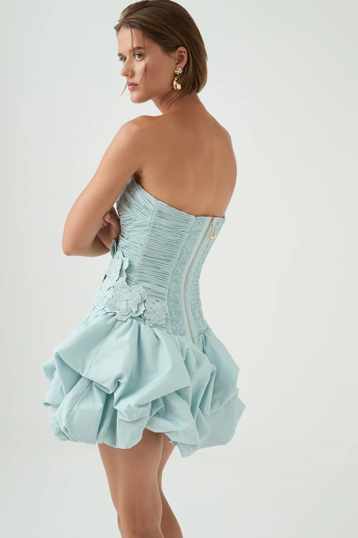 AJE Light Blue Ruched Strapless Bubble Hem Mini Dres