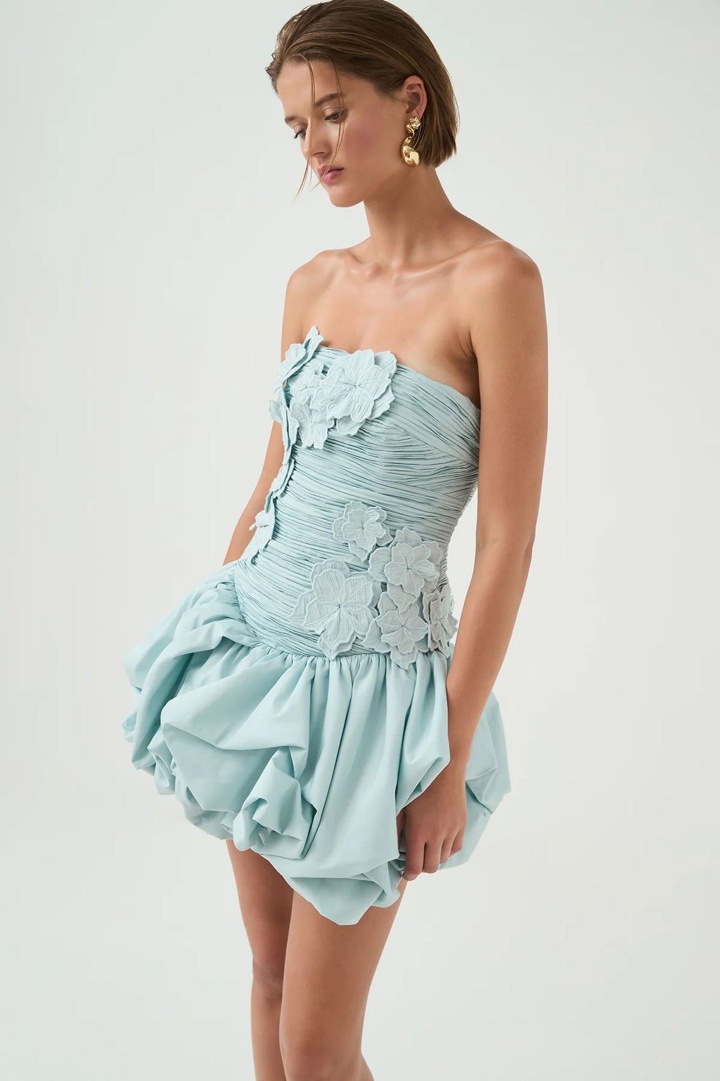 AJE Light Blue Ruched Strapless Bubble Hem Mini Dres