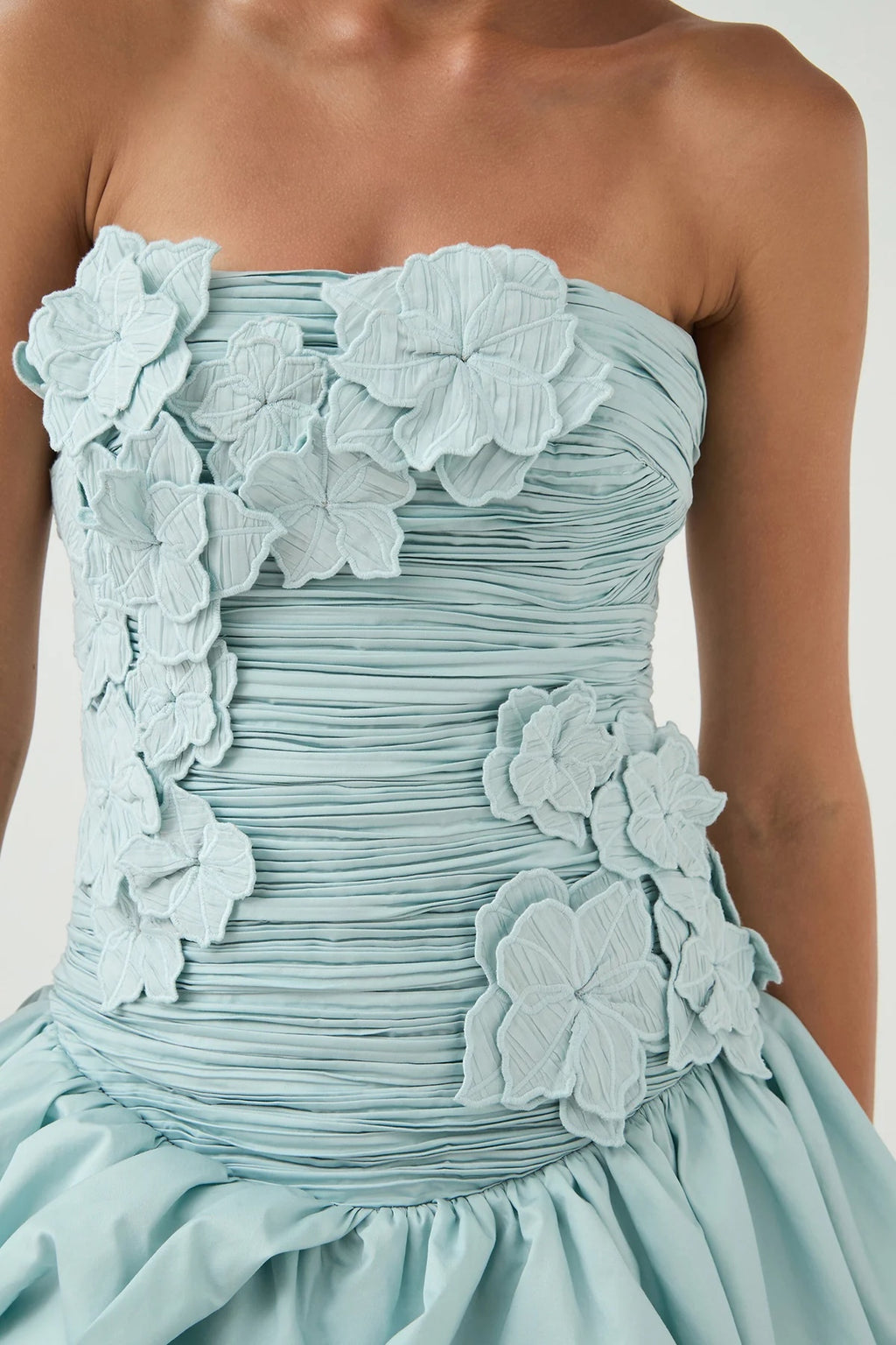 AJE Light Blue Ruched Strapless Bubble Hem Mini Dres