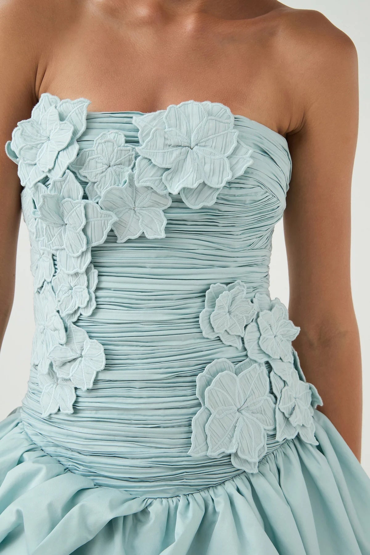 AJE Light Blue Ruched Strapless Bubble Hem Mini Dres