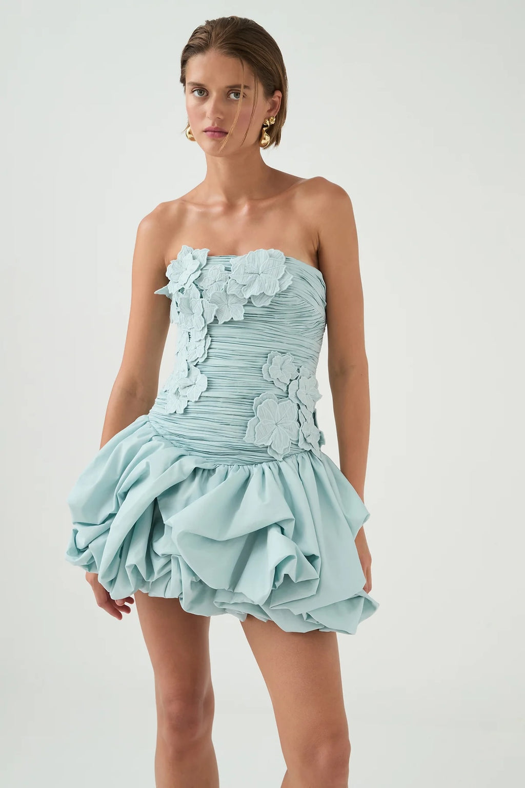 AJE Light Blue Ruched Strapless Bubble Hem Mini Dres