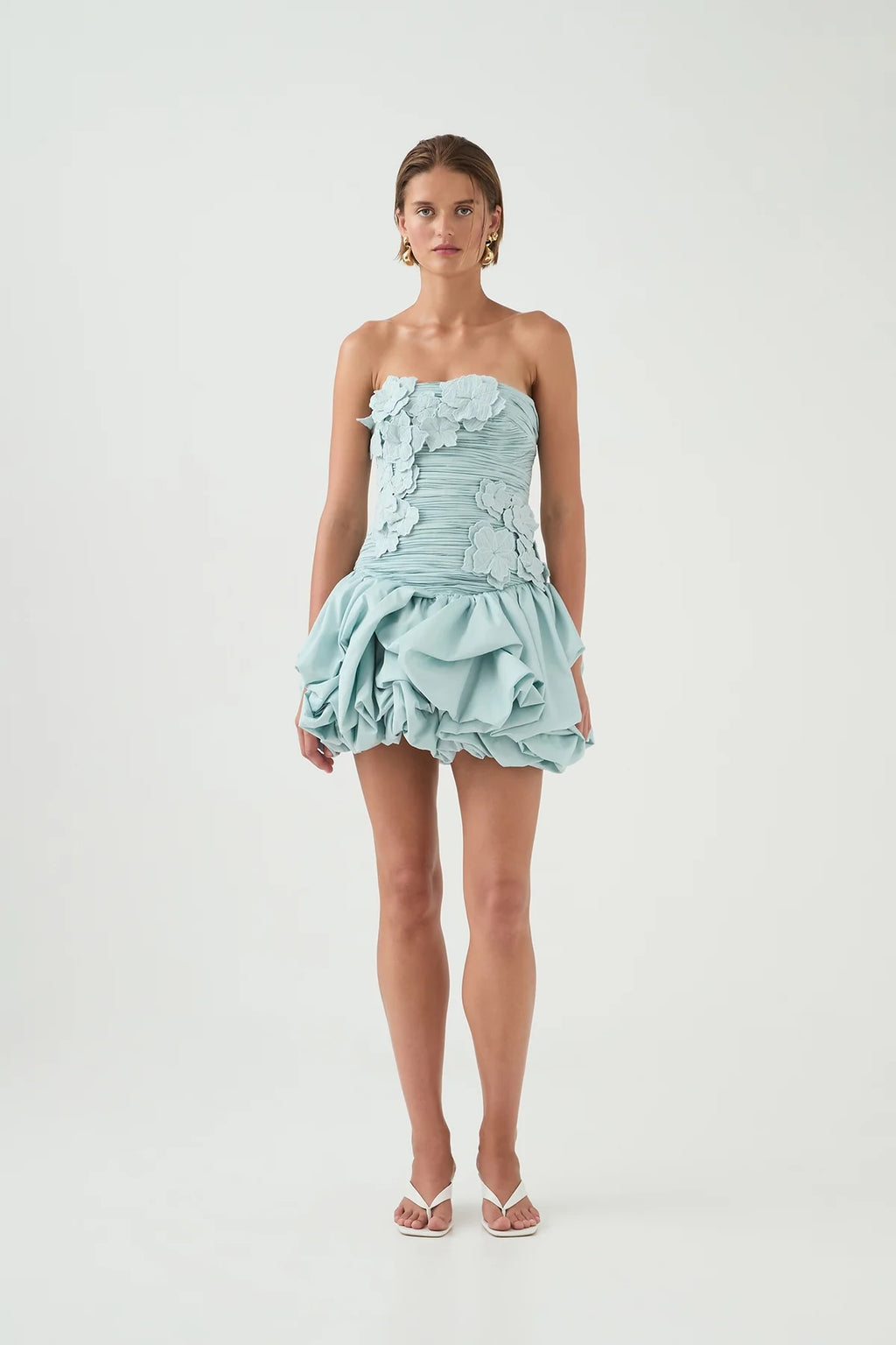 AJE Light Blue Ruched Strapless Bubble Hem Mini Dres