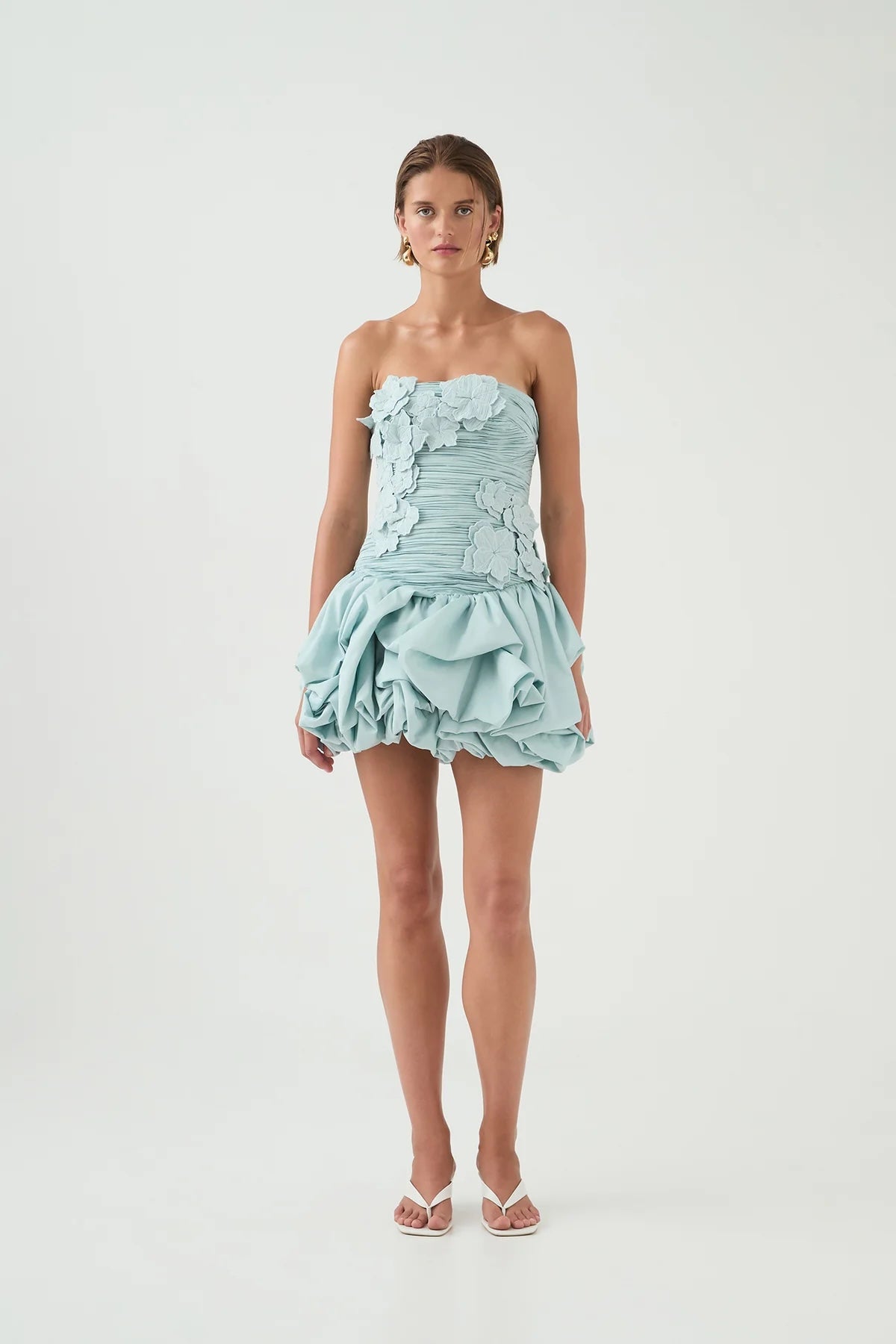 AJE Light Blue Ruched Strapless Bubble Hem Mini Dres