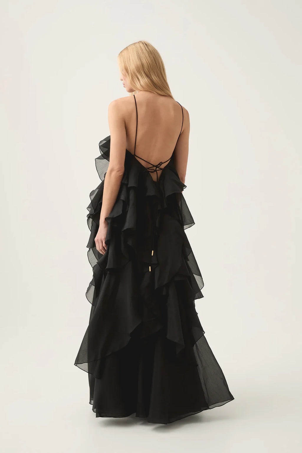 AJE Black 3D Flower Ruffle Halter Neck Maxi Dress