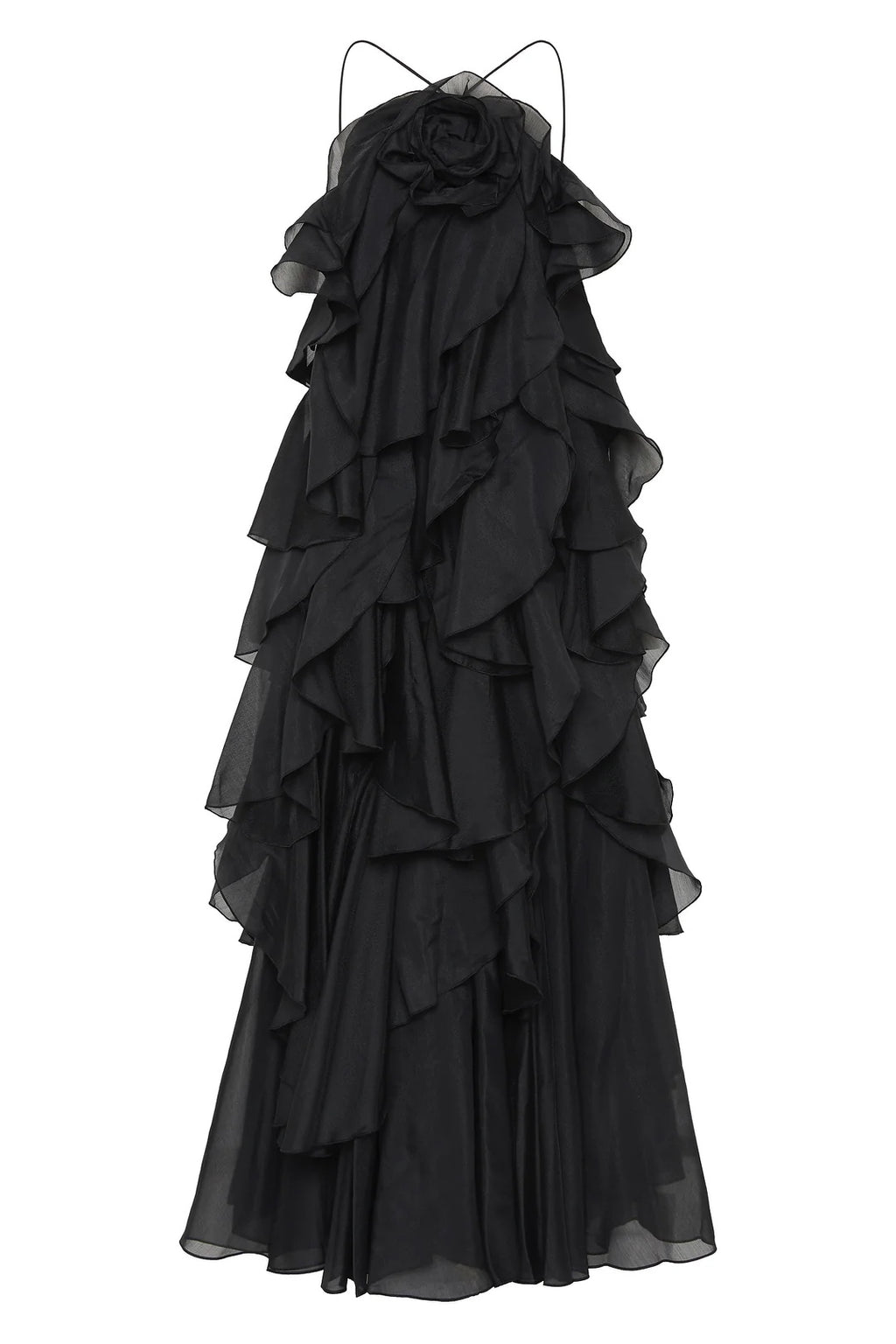 AJE Black 3D Flower Ruffle Halter Neck Maxi Dress