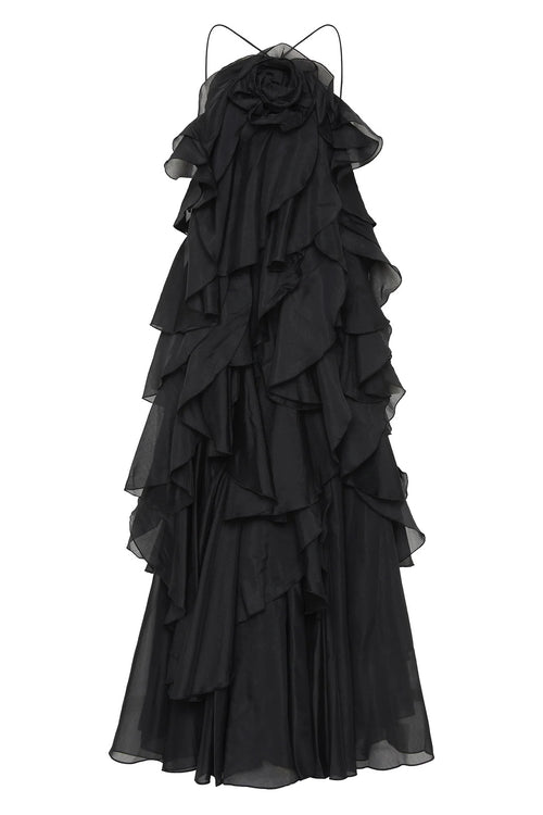 AJE Black 3D Flower Ruffle Halter Neck Maxi Dress
