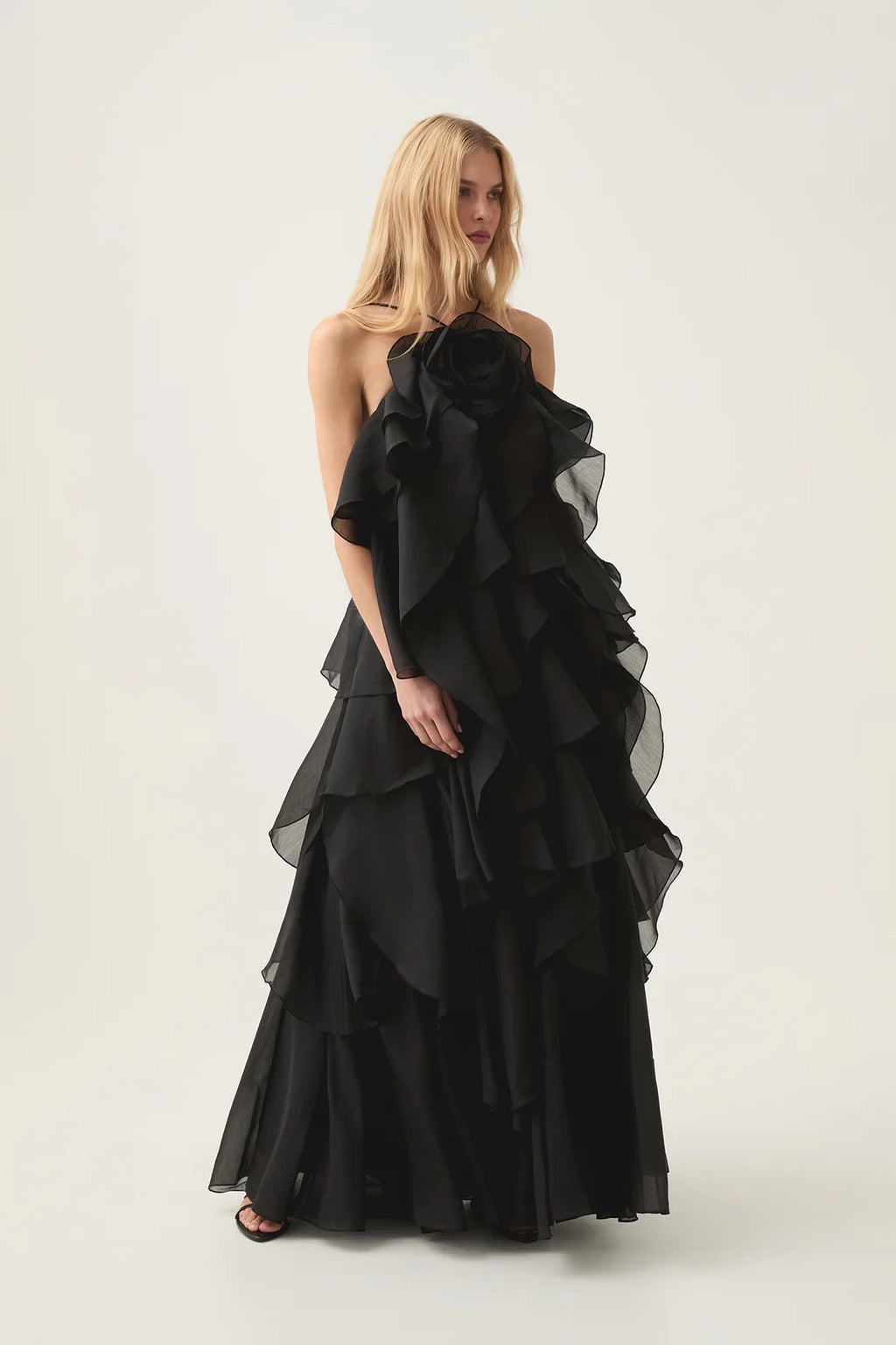 AJE Black 3D Flower Ruffle Halter Neck Maxi Dress