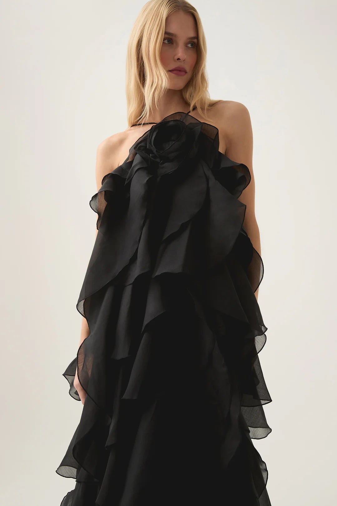 AJE Black 3D Flower Ruffle Halter Neck Maxi Dress