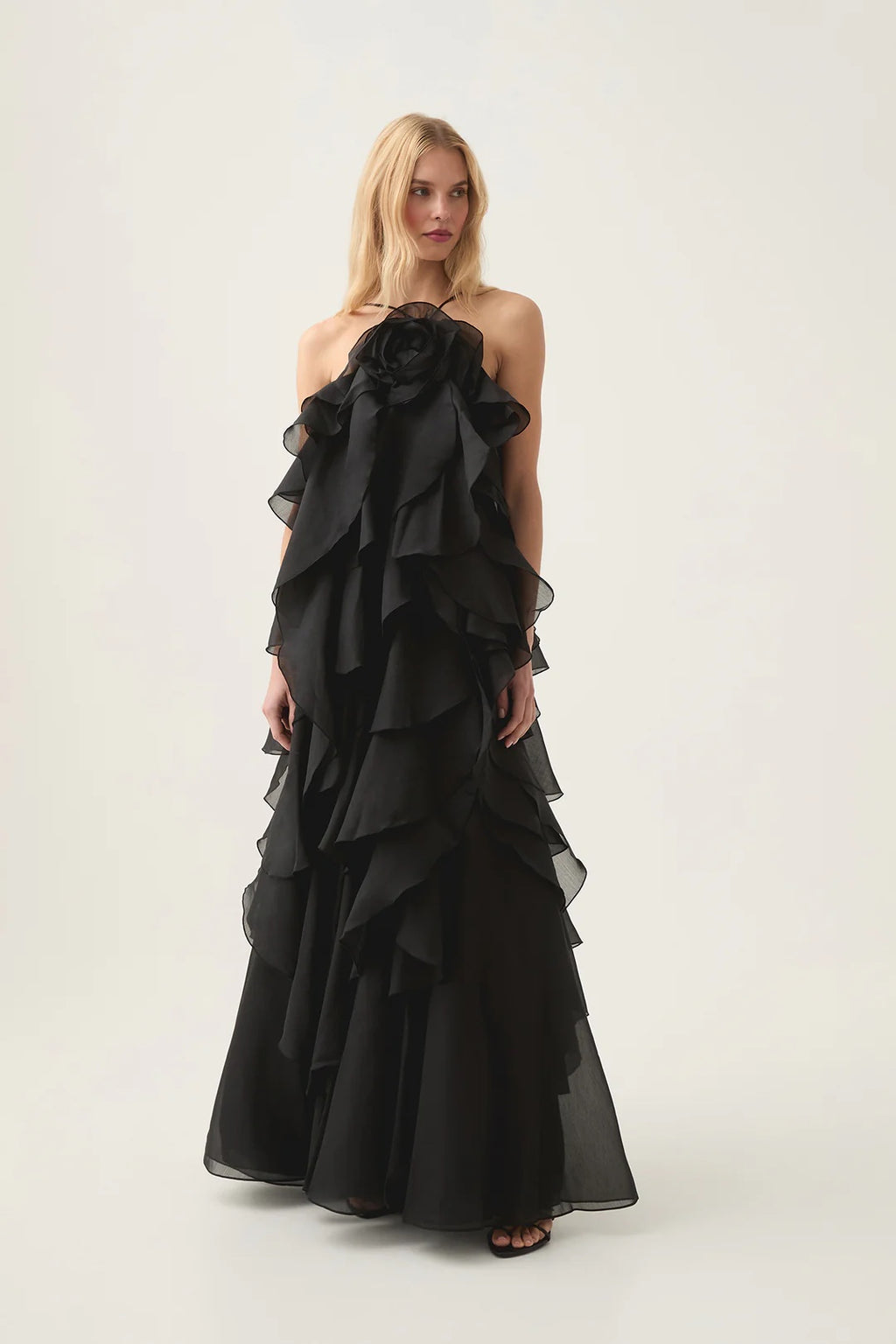 AJE Black 3D Flower Ruffle Halter Neck Maxi Dress