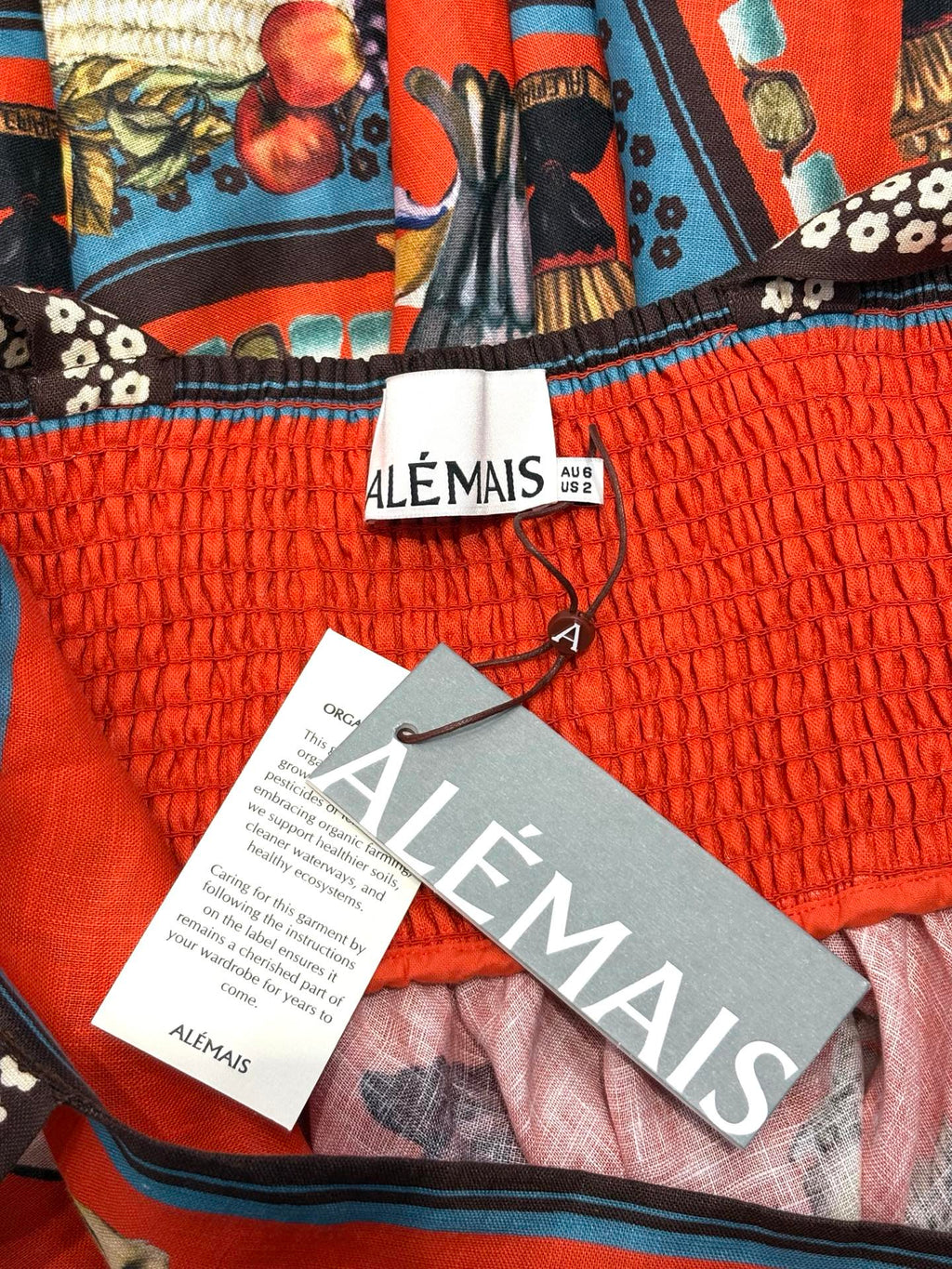 Australian Alemais New Orange Tie-up Camisole Mini Dress, Retro Fruit and Vegetable Printed