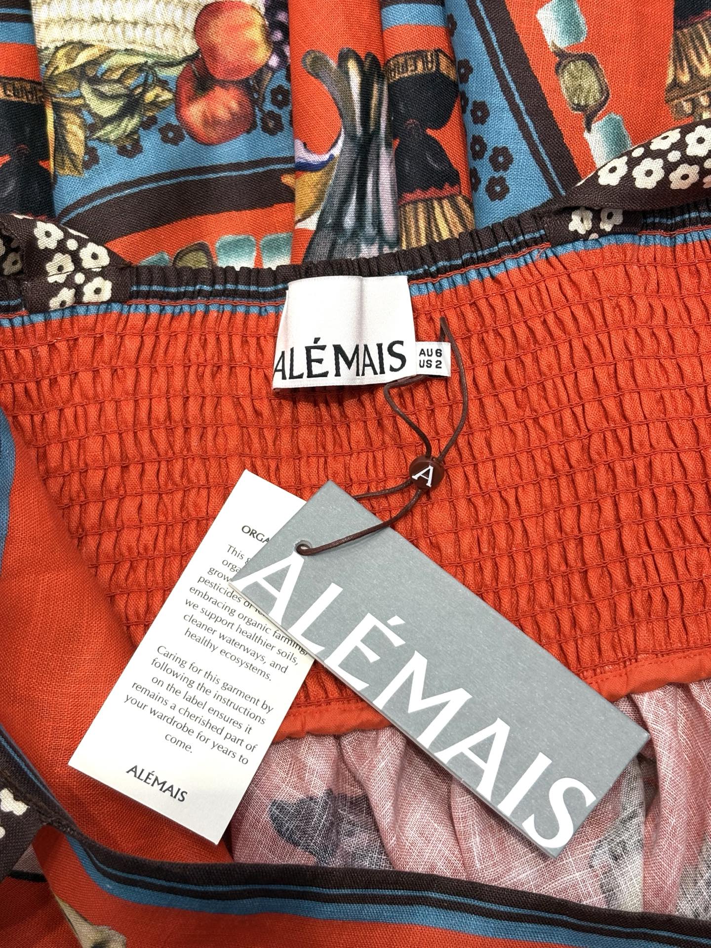 Australian Alemais New Orange Tie-up Camisole Mini Dress, Retro Fruit and Vegetable Printed
