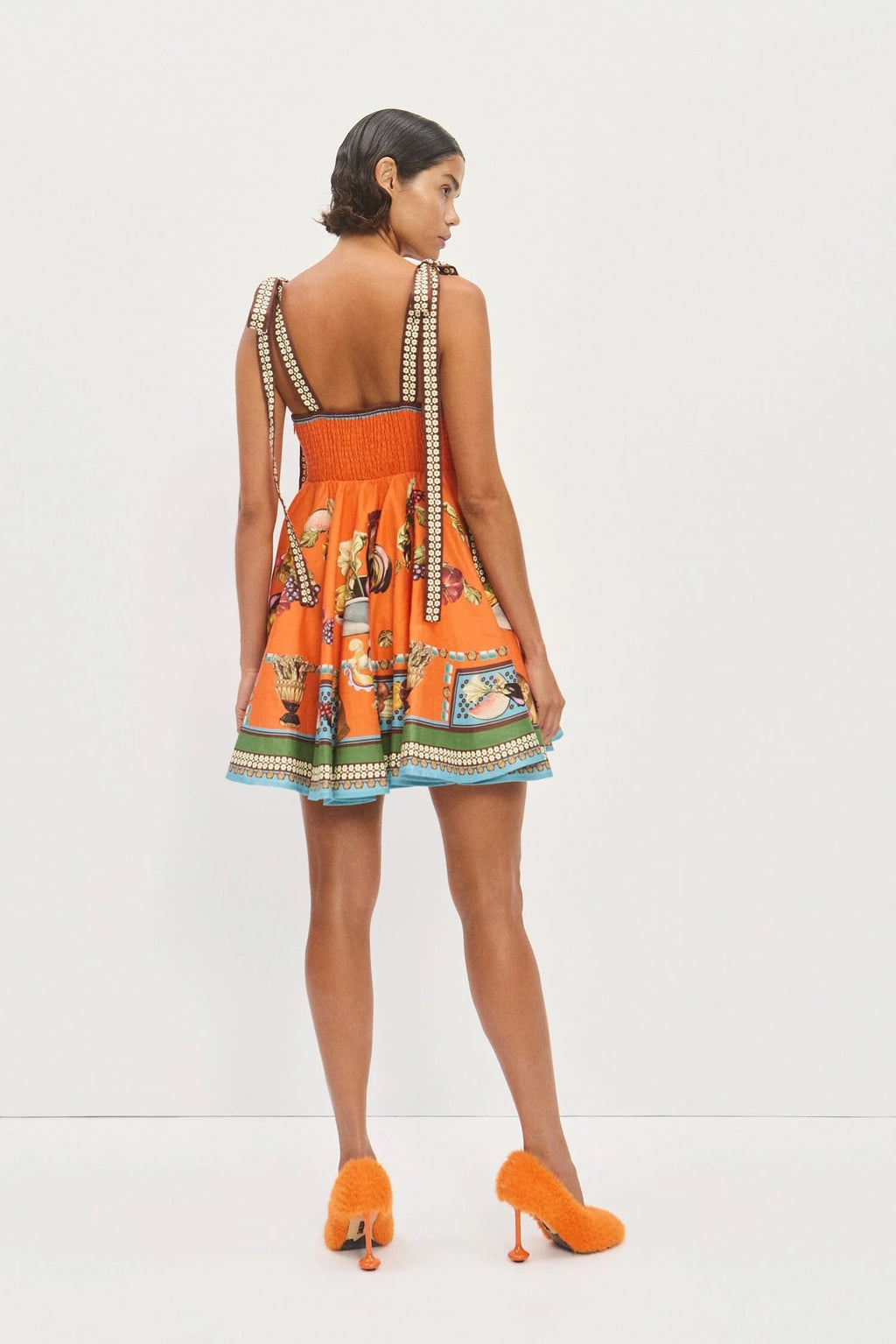 Australian Alemais New Orange Tie-up Camisole Mini Dress, Retro Fruit and Vegetable Printed