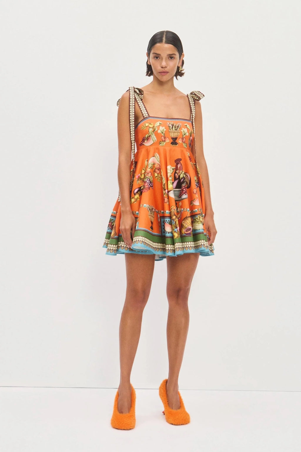 Australian Alemais New Orange Tie-up Camisole Mini Dress, Retro Fruit and Vegetable Printed