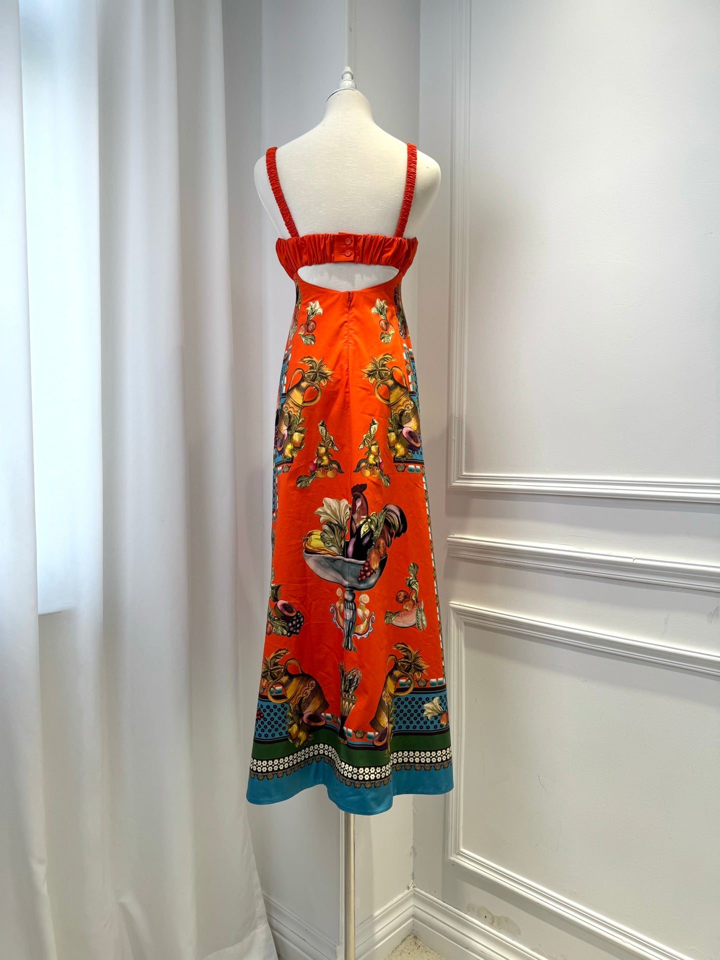 Australian Alemais New Orange Tie-up Camisole Dress, Retro Fruit and Vegetable Printed Mini Dress