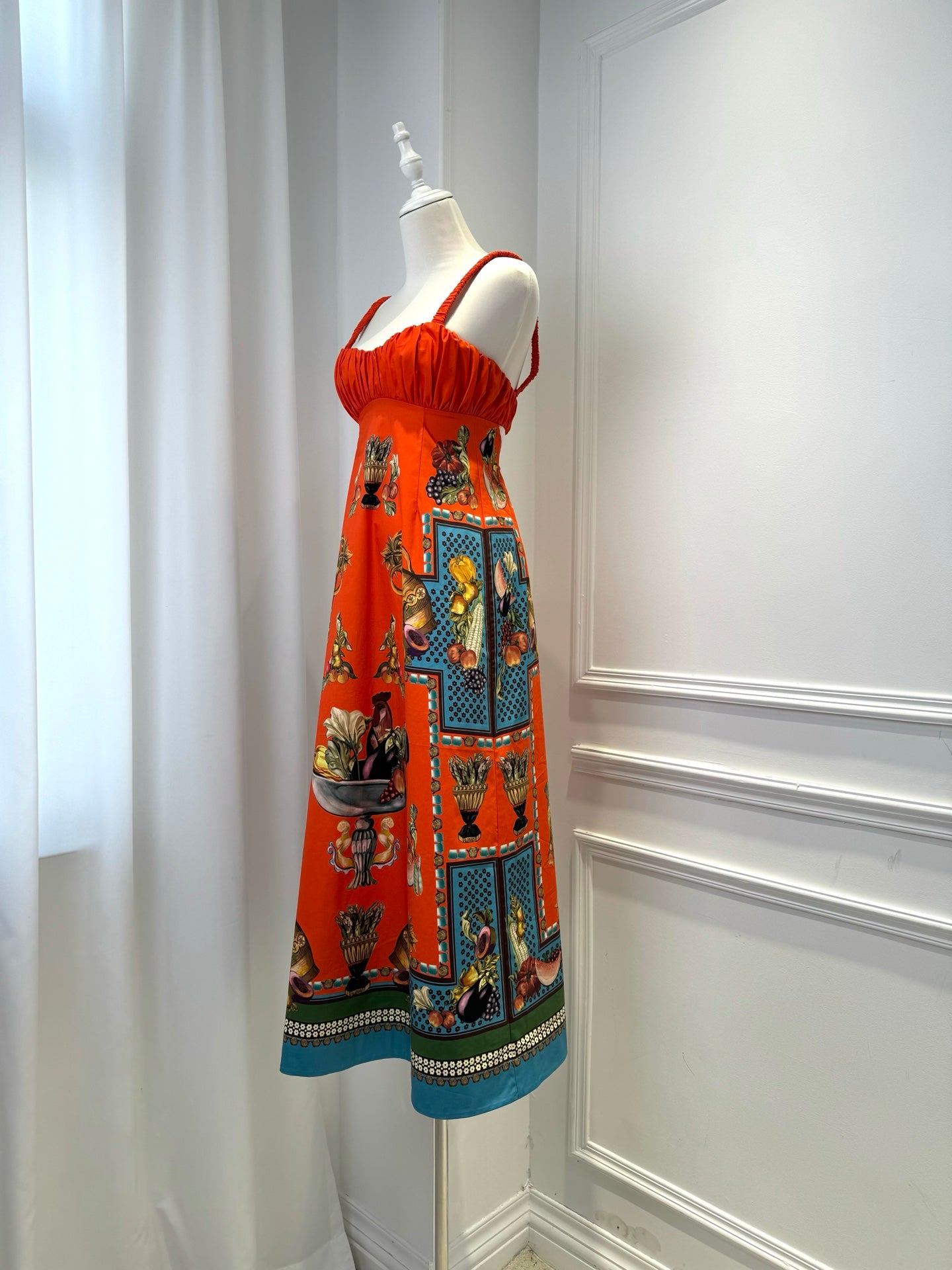 Australian Alemais New Orange Tie-up Camisole Dress, Retro Fruit and Vegetable Printed Mini Dress