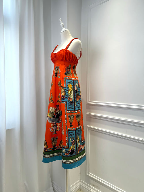 Australian Alemais New Orange Tie-up Camisole Dress, Retro Fruit and Vegetable Printed Mini Dress