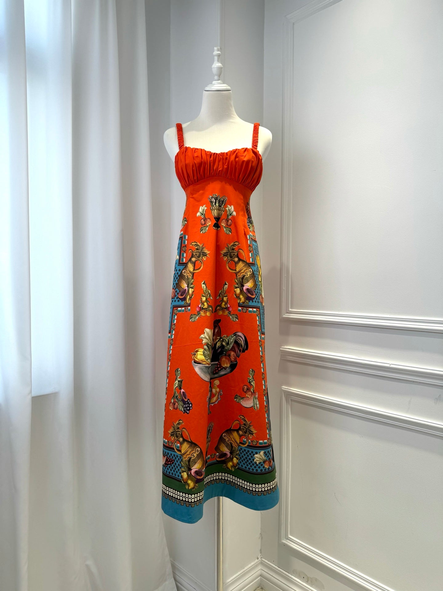 Australian Alemais New Orange Tie-up Camisole Dress, Retro Fruit and Vegetable Printed Mini Dress
