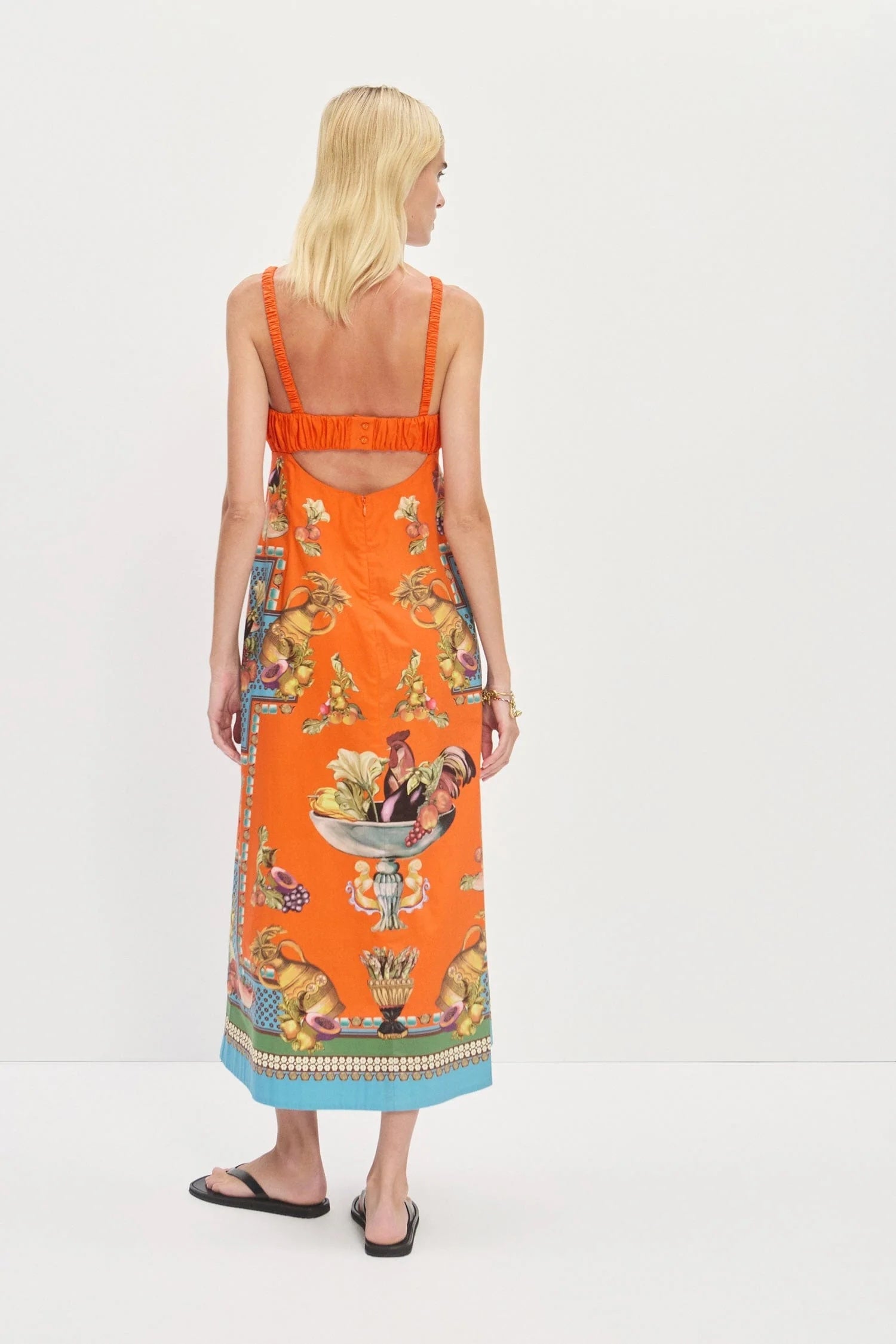 Australian Alemais New Orange Tie-up Camisole Dress, Retro Fruit and Vegetable Printed Mini Dress