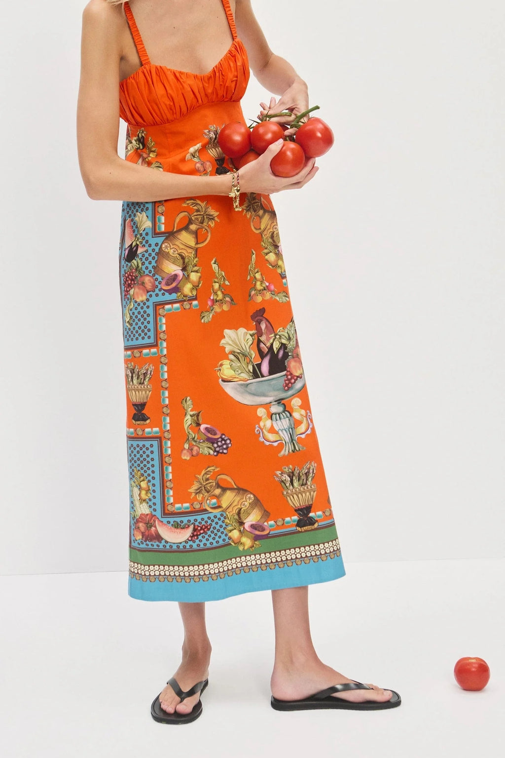 Australian Alemais New Orange Tie-up Camisole Dress, Retro Fruit and Vegetable Printed Mini Dress