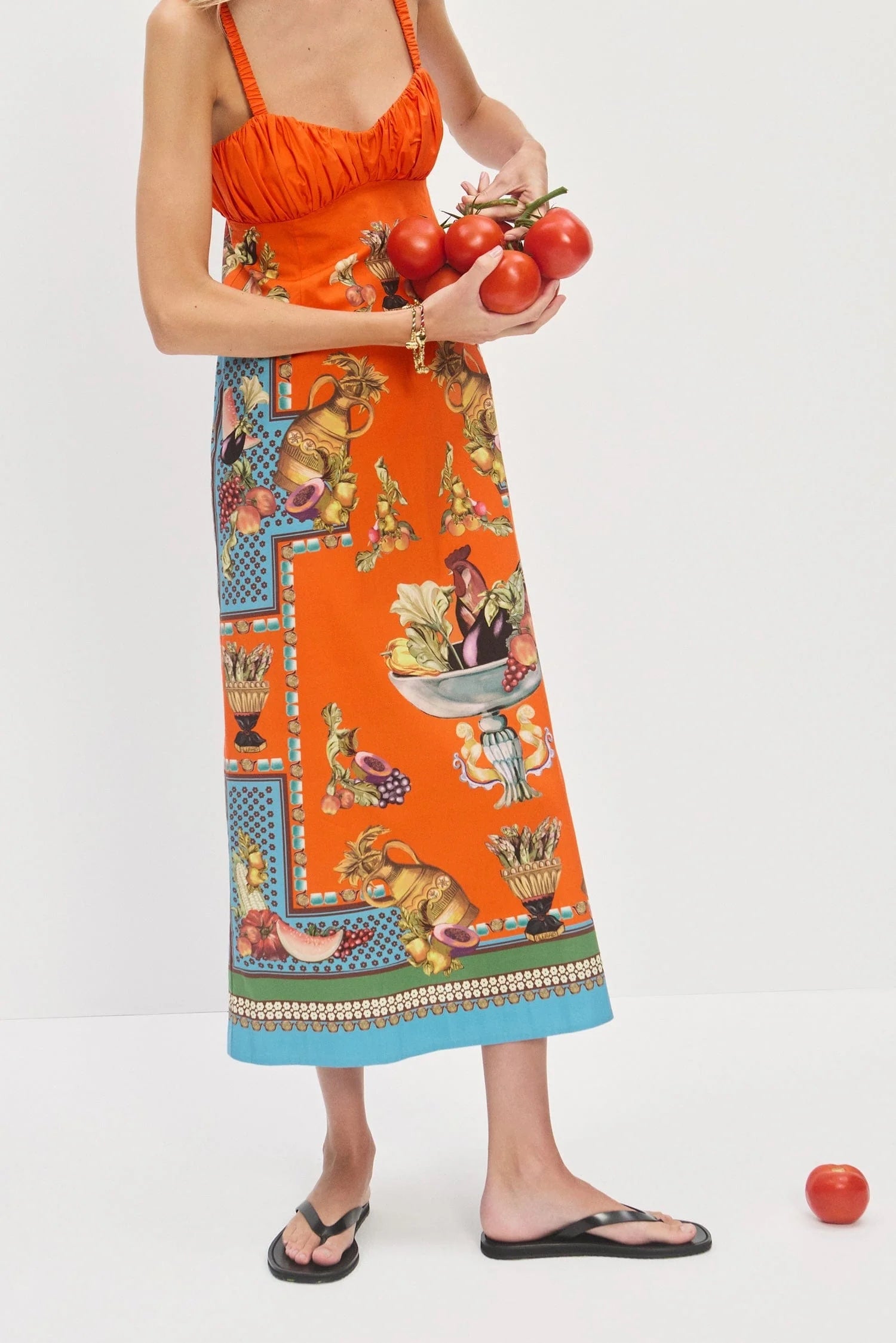 Australian Alemais New Orange Tie-up Camisole Dress, Retro Fruit and Vegetable Printed Mini Dress