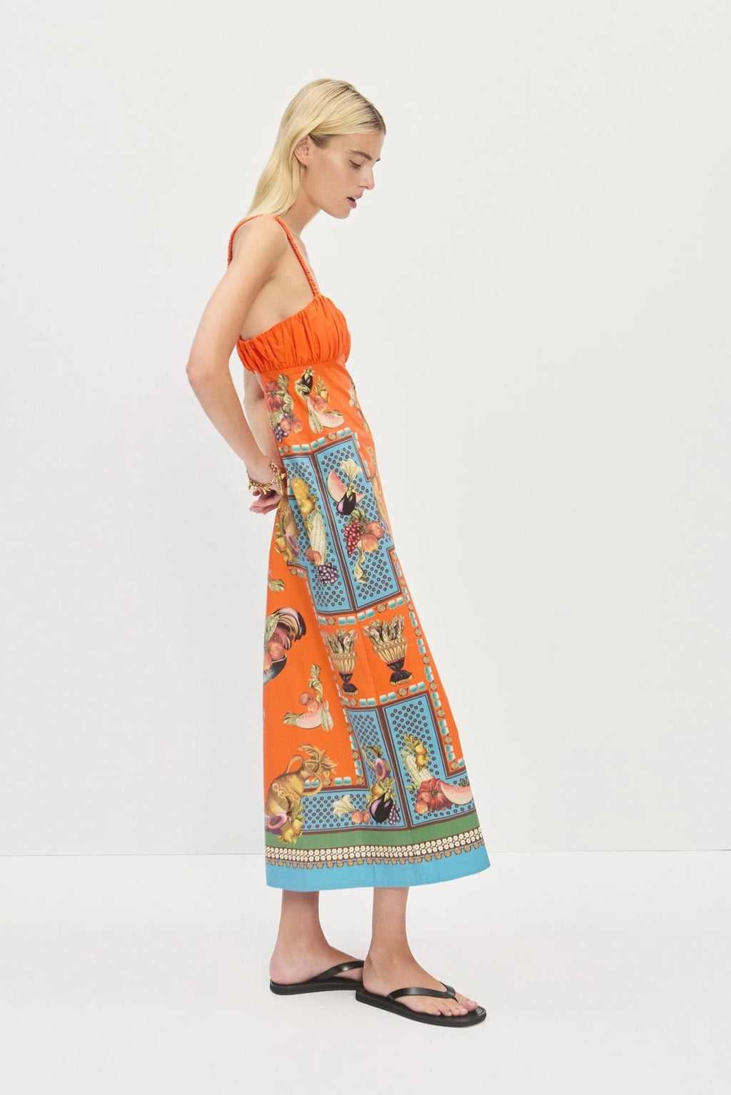 Australian Alemais New Orange Tie-up Camisole Dress, Retro Fruit and Vegetable Printed Mini Dress
