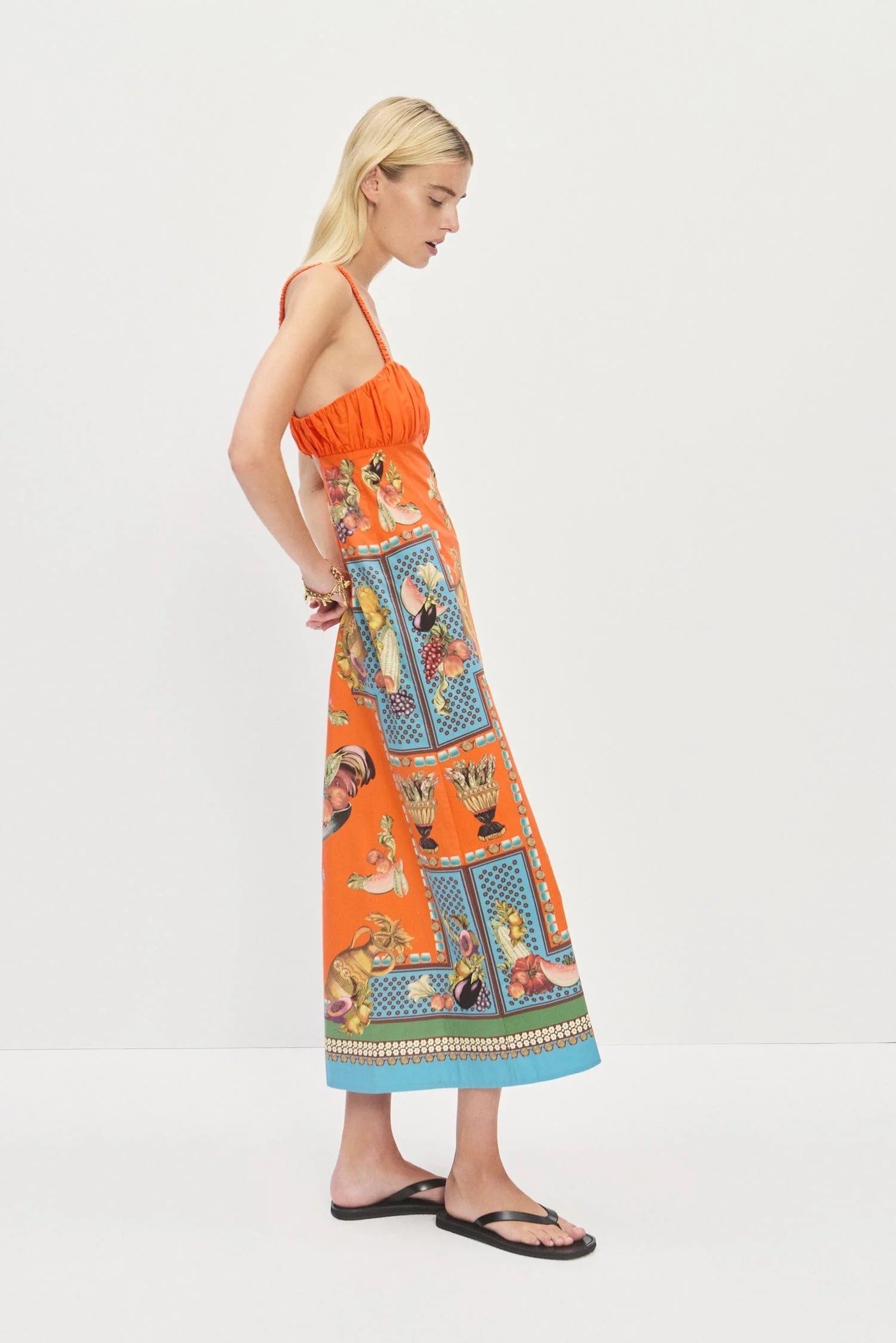 Australian Alemais New Orange Tie-up Camisole Dress, Retro Fruit and Vegetable Printed Mini Dress