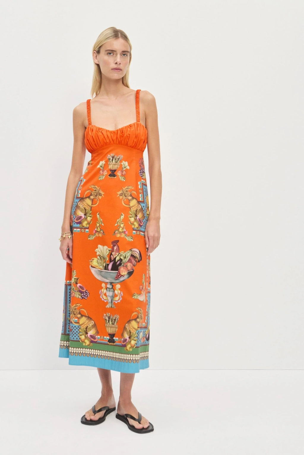 Australian Alemais New Orange Tie-up Camisole Dress, Retro Fruit and Vegetable Printed Mini Dress