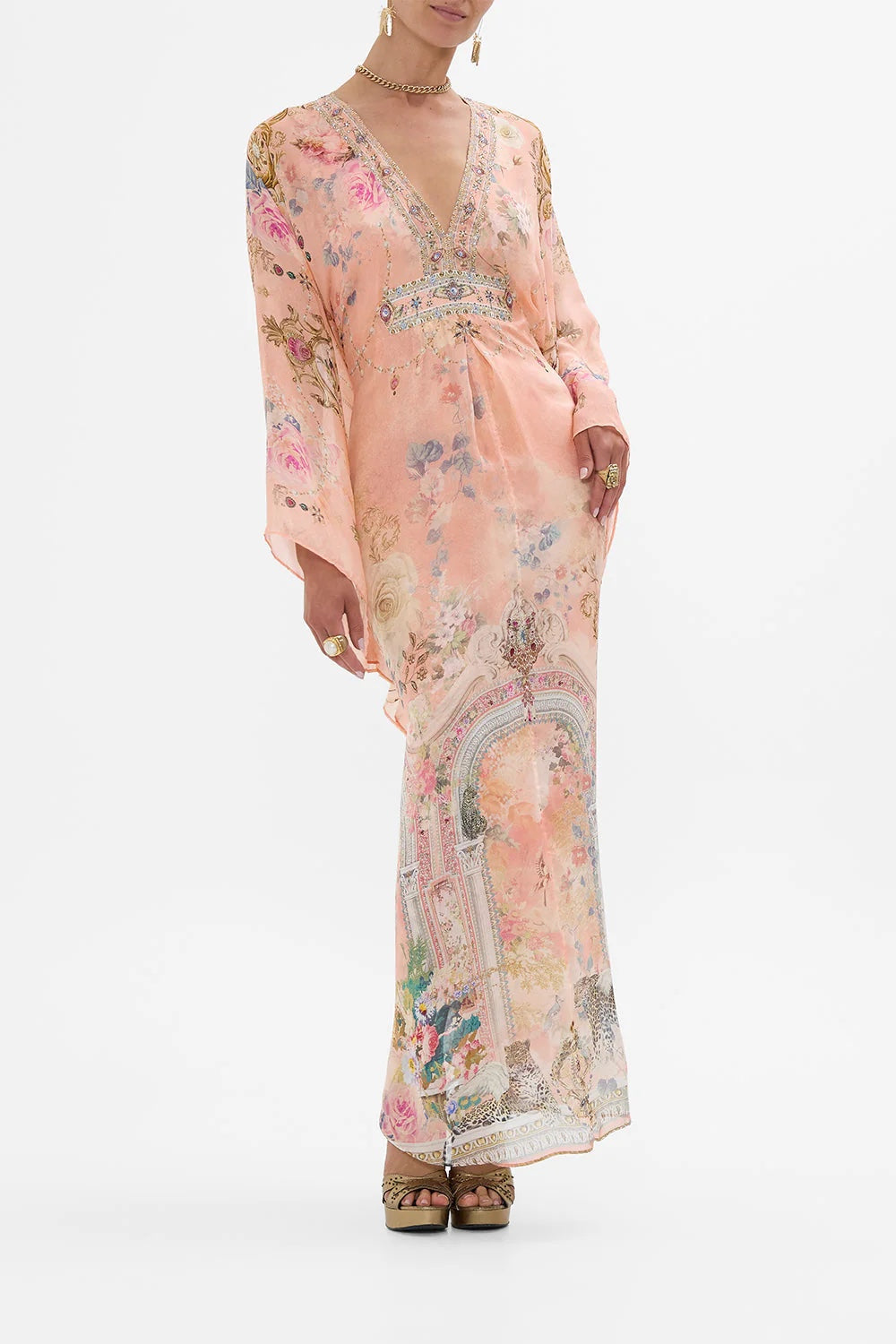 Australian Camilla Silk Printed Rhinestone Vacation Fairy Ethnic Style Peach Princess Dress