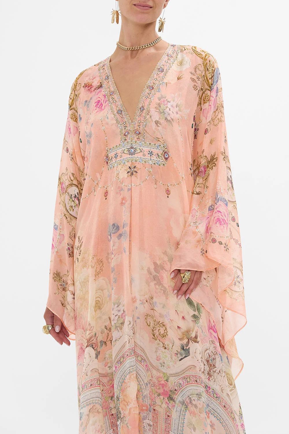 Australian Camilla Silk Printed Rhinestone Vacation Fairy Ethnic Style Peach Princess Dress