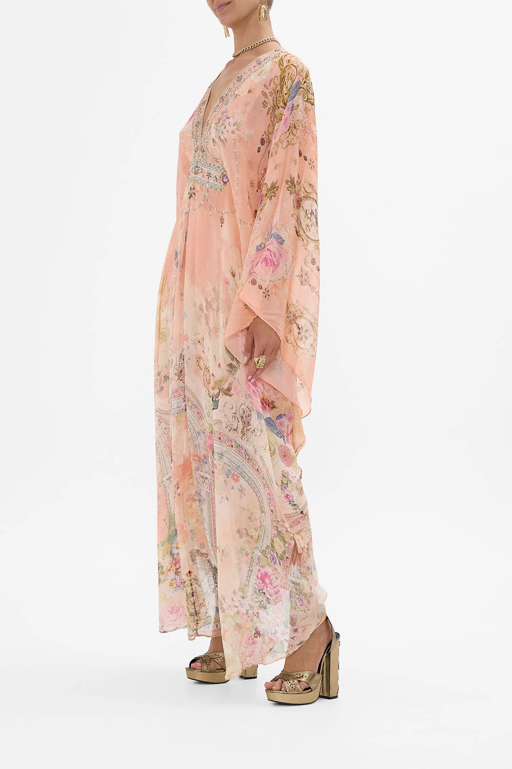 Australian Camilla Silk Printed Rhinestone Vacation Fairy Ethnic Style Peach Princess Dress