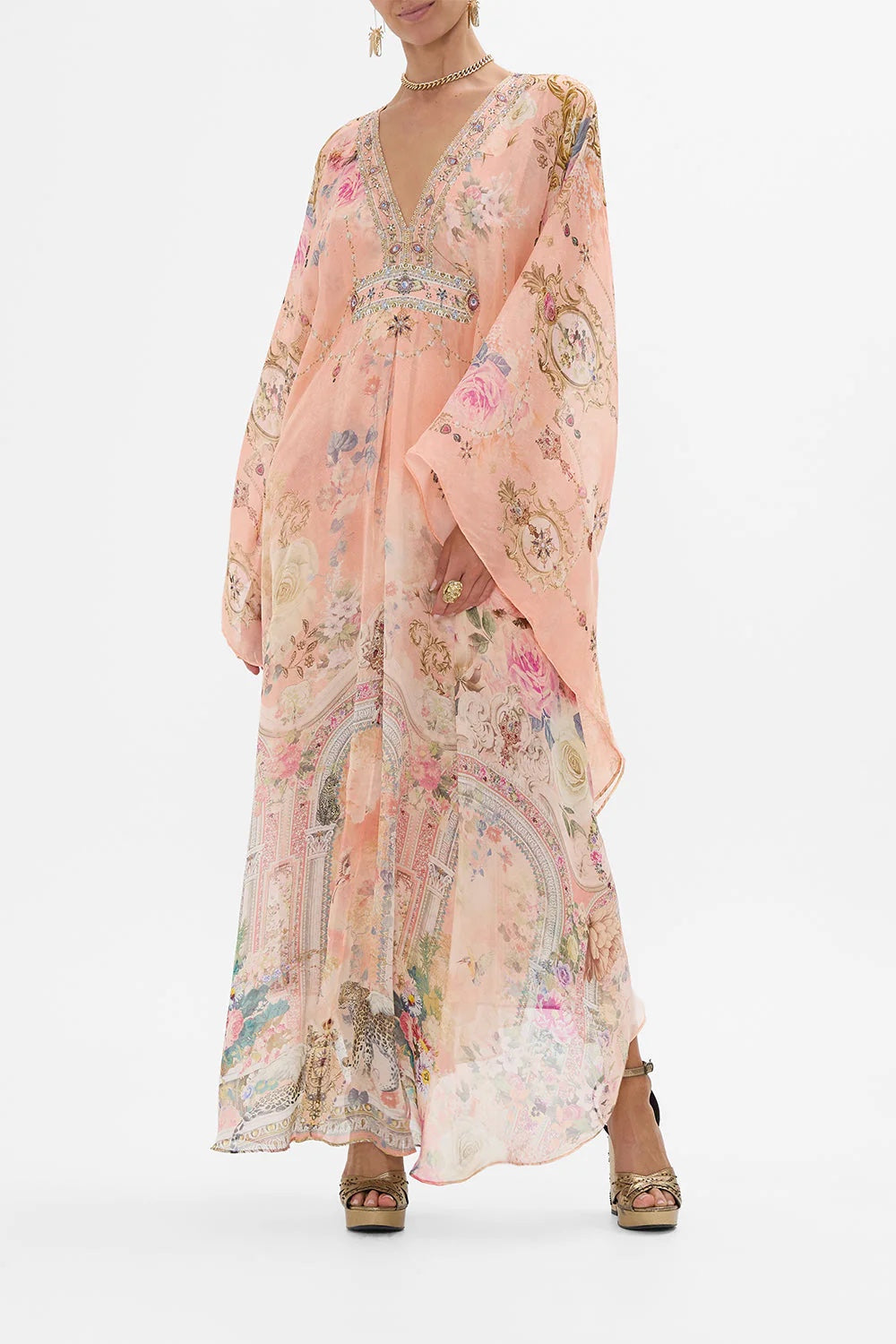 Australian Camilla Silk Printed Rhinestone Vacation Fairy Ethnic Style Peach Princess Dress