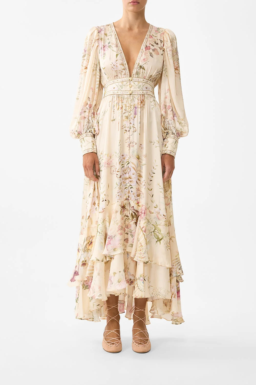 Australian Camilla Classic Long Sleeve Floral Dress, Vacation Style Fairy Summer Garden Maxi Dress